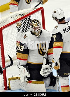 Pittsburgh, Stati Uniti. 19 novembre 2023. Il portiere dei Vegas Golden Knights Adin Hill (33) reagisce dopo che il centro dei Pittsburgh Penguins Noel Acciari (55) segna nel secondo periodo alla PPG Paints Arena di Pittsburgh domenica 19 novembre 2023. Foto di Archie Carpenter/UPI. Crediti: UPI/Alamy Live News Foto Stock