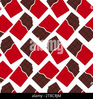 Motivo senza cuciture con barrette di cioccolato rosse. Barretta di cioccolato intera e morsa. Stile cartoni animati. Sfondo piatto vettoriale. Illustrazione Vettoriale