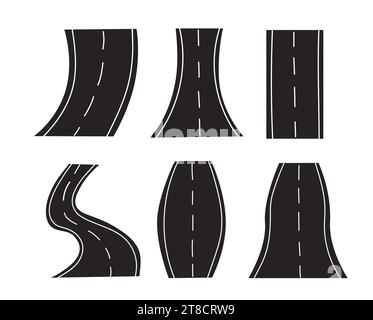 Insieme di strade e autostrade curve isolate su sfondo bianco. Logo, icona, adesivo, percorso segnaletico. Illustrazione vettoriale piatta. Illustrazione Vettoriale