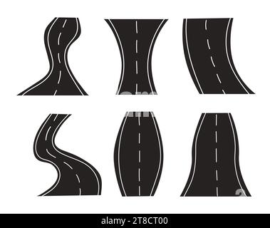 Insieme di strade e autostrade curve isolate su sfondo bianco. Logo, icona, adesivo, percorso segnaletico. Illustrazione vettoriale piatta. Illustrazione Vettoriale