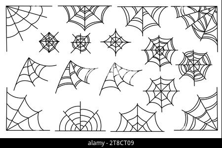 Set di ragnatele isolato su sfondo bianco. Spettrale collezione di ragnatele di Halloween. Illustrazione piatta vettoriale di contorno. Illustrazione Vettoriale