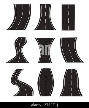 Insieme di strade e autostrade curve isolate su sfondo bianco. Logo, icona, adesivo, percorso segnaletico. Illustrazione vettoriale piatta. Illustrazione Vettoriale