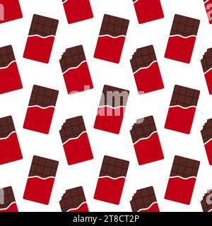 Motivo senza cuciture con barrette di cioccolato rosse. Barretta di cioccolato intera e morsa. Stile cartoni animati. Sfondo piatto vettoriale. Illustrazione Vettoriale