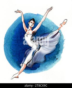 Ballerina danzante. Disegno a mano con inchiostro e acquerello Foto Stock