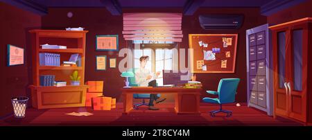 Il detective di sesso maschile dei cartoni animati siede sulla poltrona nel suo ufficio pensando al rilevamento del crimine. Interno della camera dell'ufficio investigativo con pc sulla scrivania, mappa di ricerca sulla bacheca, libreria con documenti di archivio. Illustrazione Vettoriale