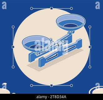 Bilancia con due padelle. Bilance meccaniche isometriche da laboratorio. Illustrazione vettoriale. Bilance con ciotole. Oggetto 3D in toni blu. Illustrazione Vettoriale