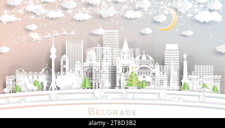 Belgrado Serbia. Skyline invernale della città in stile cartaceo con fiocchi di neve, luna e ghirlande al neon. Natale e Capodanno. Babbo Natale in slitta. Illustrazione Vettoriale