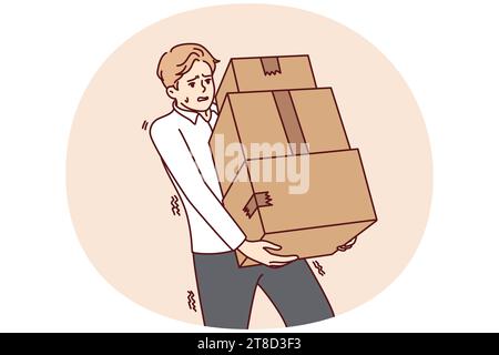 Stanco giovane uomo che trasporta la pila delle scatole. Supporto maschio esausto con pile di confezioni di cartone. Concetto di consegna. Illustrazione vettoriale. Illustrazione Vettoriale