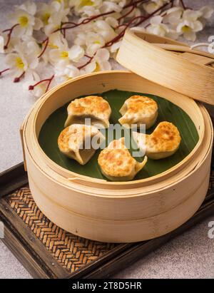 Primo piano del pollo di Momos in una scatola di bambù, sfondo di cibo Chicken Momo Foto Stock