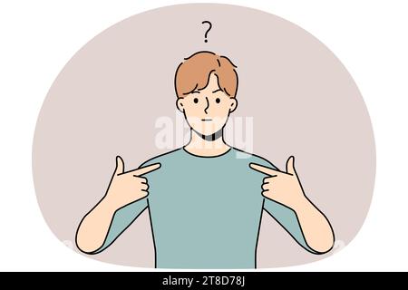 Il giovane frustrato si sente confuso puntare a se stesso. Ragazzo infelice sentirsi ansioso di mostrare con il dito contro di lui. Confusione e frustrazione. Illustrazione Vettoriale