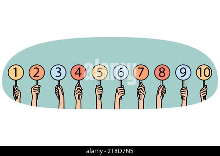 Primo piano di mani di persone diverse che hanno numeri diversi in mano. Gli uomini e le donne votano mostrano sostegno o dispiacere. Illustrazione vettoriale. Illustrazione Vettoriale