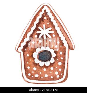 Illustrazione ad acquerello di una casa del pan di zenzero. Disegno fatto a mano per il nuovo anno e il Natale. Foto Stock