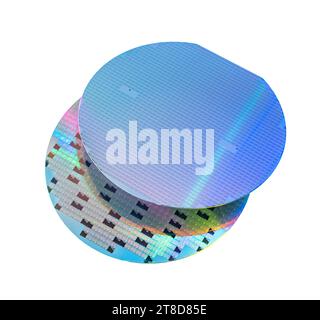 Wafer di silicio con chip isolati su sfondo bianco Foto Stock