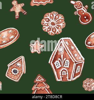 Illustrazione ad acquerello natalizio, motivo di Capodanno senza cuciture con pan di zenzero. Foto Stock