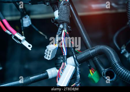 Grande cavo largo con fili, connettori e terminali nel negozio di riparazione cablaggio e elettricisti per il collegamento Foto Stock