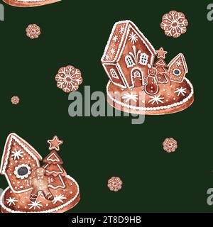 Illustrazione ad acquerello natalizio, motivo di Capodanno senza cuciture con pan di zenzero. Foto Stock