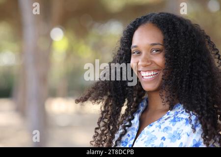 Ritratto di una donna nera felice che ti sorride con i denti perfetti in un parco Foto Stock