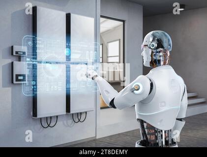 sistema intelligente di immagazzinamento dell'energia per caricabatterie ev con controllo del robot di rendering 3d. Foto Stock