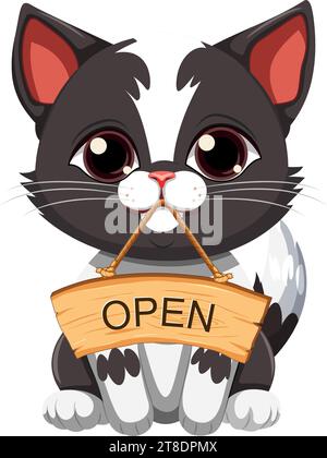 Adorabile gatto che usa la bocca per tenere uno striscione di legno Illustrazione Vettoriale
