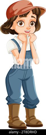 Una timida ragazza con capelli corti e un berretto, vestita con tute in denim Illustrazione Vettoriale