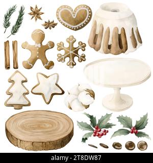 Set di caramelle natalizie: Cupcake, coocies, caserme di pan di zenzero, lecca lecca, bastoncino di waffle, tazza, archi. Illustrazione acquerello isolata su sfondo bianco Foto Stock