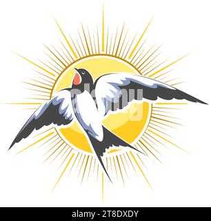 Emblema di sfondo Flying Swallow on Shining Sun isolato su bianco. Illustrazione vettoriale Illustrazione Vettoriale