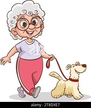 Una donna anziana cammina con il suo cane nel parco. Illustrazione vettoriale di un fumetto di una persona femminile. Illustrazione Vettoriale