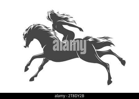 La donna dai capelli lunghi cavalca un emblema di Stallion selvaggio isolato su sfondo bianco. Illustrazione vettoriale Illustrazione Vettoriale