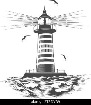 Emblema per incisione Nautica vintage in bianco e nero disegnato a mano con faro isolato su bianco. Illustrazione vettoriale. Illustrazione Vettoriale