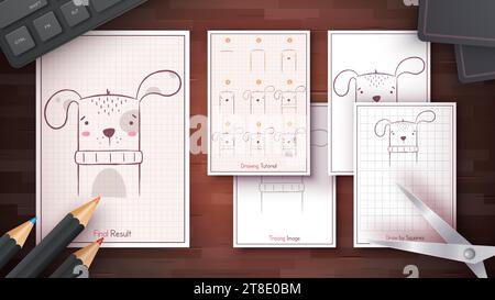 Come disegnare un cane. Tutorial dettagliato sui disegni. Guida di disegno. Istruzioni semplici. Pagina colorante. Fogli di lavoro per bambini e adulti Illustrazione Vettoriale