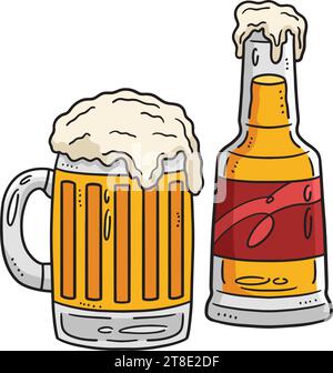Bottiglia di birra e tazza Cartoon colorato Clipart Illustrazione Vettoriale