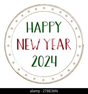 Buon anno 2024. Timbro dorato con testo scritto a mano verde e rosso. Biglietto d'auguri, cartolina. Scritte con linee spesse e sottili. Illustrazione Vettoriale