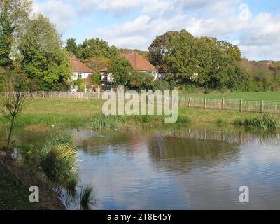 Piano di mitigazione delle inondazioni a Rolls Sports Ground, Highams Park, Londra, Regno Unito. Un sistema di drenaggio urbano sostenibile (SUDS) per assorbire l'acqua piovana. Foto Stock