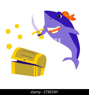 simpatico squalo blu - pesce pirata animale con scatola Illustrazione Vettoriale