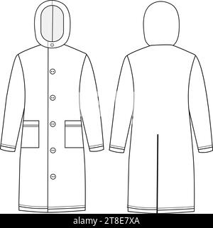 Cappotto Slicker Sou'wester, disegno di mockup vettoriale con illustrazione tecnica di moda Illustrazione Vettoriale