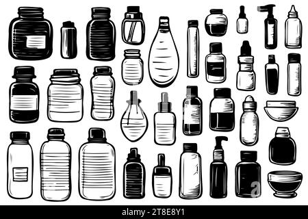 Diversi tipi di set di icone vettoriali sottili per flaconi, kit bianco e nero. Illustrazione vettoriale Illustrazione Vettoriale