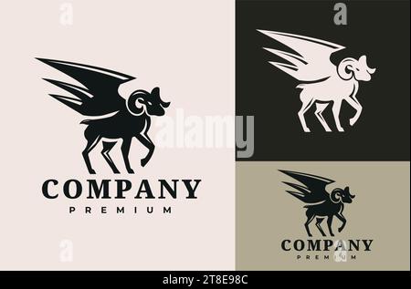 Disegno vintage illustrazione di una silhouette maschile di capra con ali su sfondo scuro e chiaro Illustrazione Vettoriale