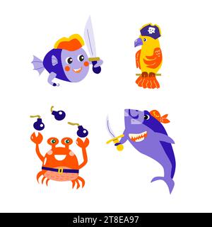 set di personaggi dei cartoni animati pesci pirati e pappagallo Illustrazione Vettoriale
