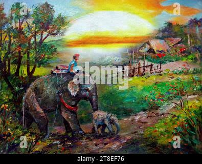 Pittura d'arte originale famiglia Elefante a olio nella foresta thailandia Foto Stock