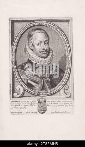 LIII. PHILIPPE III. Di nome Re di Spagna Indie ecc. nato a Madrid il 14. dell'anno 1578. morto nel 30. Del marzo 1621. espousa l'anno 1598. MARGARITE d'Austriche figlia di CHARLES d'Austriche Duca di Stirie nato il 25. dicembre 1584. Morto nell'ottobre 1611. P.P. Rubbens pinxit. Petr. De Iode Sculp. Ioan. Meyssens excudit Antverpiæ Foto Stock