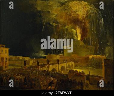 La Girandola. Fuochi d'artificio da Castel S. Angelo a Roma, Ippolito Caffi, 1809-1866, non prima del 1830 - non più tardi del 1840, Pittura, Pittura di genere, la pittura di città di Ippolito Caffi (1809-1866) è stata realizzata a metà degli anni '1830 e quindi appartiene alla prima produzione di Caffi. Per i turisti, i punti salienti di una visita a Roma e Venezia erano le passeggiate al chiaro di luna, dove fantasia e realtà, passato e presente diventarono una cosa sola Foto Stock