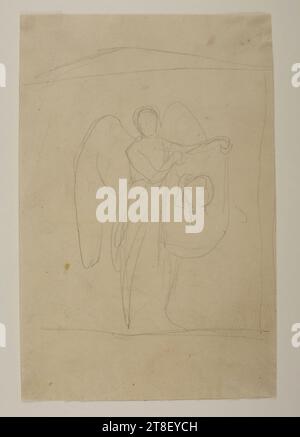 Angelo che regge un panno con un ritratto, per un monumento sepolcrale sconosciuto, Bertel Thorvaldsen, 1770-1844, disegno, carta, colore, grafite, disegnato, altezza 181 mm, larghezza 119 mm, artigianato, disegno, europeo, modernità (1800 - 1914 Foto Stock