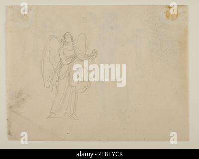 Angelo che tiene un panno con due ritratti, per un monumento sepolcrale sconosciuto, Bertel Thorvaldsen, 1770-1844, disegno, carta, colore, grafite, disegnato, altezza 138 mm, larghezza 183 mm, artigianato, disegno, europeo, modernità (1800 - 1914 Foto Stock