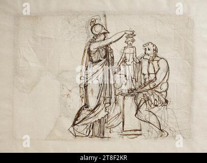 Minerva aggiunge un'anima all'essere umano creato da Prometheus, Bertel Thorvaldsen, 1770-1844, CA. 1805, disegno, il disegno è preparatorio ad un rilievo datato 1807 con lo stesso motivo. Potrebbe essere stato il primo e più importante cicerone romano di Thorvaldsen, l'archeologo Georg Zoëga, che lo ispirò a lavorare sul motivo di Prometeo. Thorvaldsen ha permesso alla sua penna di seguire le tentative e delicate linee della matita. In senso spaziale, anche la composizione è diventata più complessa., carta, colore, inchiostro, colore, grafite, disegnata, altezza 190 mm, larghezza 134 mm, lavorazione disegno Foto Stock