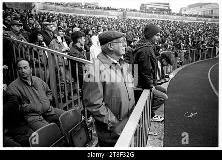 I tifosi gallesi in tribuna si immergono nell'atmosfera dell'ultima partita casalinga delle cinque Nazioni al vecchio Arms Park di Cardiff contro la Francia il 16 marzo 1996. Il Galles ha vinto la partita 16-15. Era un modo appropriato per dire addio al suolo. Dopo questa partita il vecchio stadio fu radicalmente ampliato e riqualificato con un tetto per ospitare la finale della Coppa del mondo di rugby nel 1999. Foto: ROB WATKINS Foto Stock