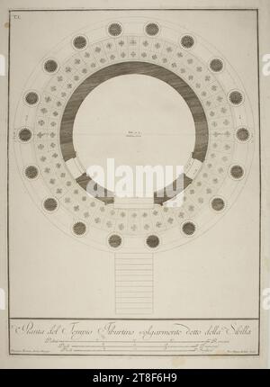 Pianta del Tempio Fiburtino volgarmente detto della Sibilla (Tempio di Vesta a Tivoli, Ground Plan), Francesco Bernardino Ferrari, entro il 12 agosto 1821, Graphic Art, Etching, Paper, colore, inchiostro stampante, incisione, Printet, altezza (dimensione piastra) 525 mm, altezza (formato carta) 565 mm, larghezza (dimensione piastra) 380 mm, larghezza (formato carta) 380 mm, pianta del Tempio Fiburtino volgarmente detto della Sibilla, Palmi [målestok] Romani, piedi [målestok] Erancesi, piedi [målestok] inglesi, Vicenzo Brenna Archit. Disegno, Fran. Ferrari Archit. Incise, Graphic Design Foto Stock