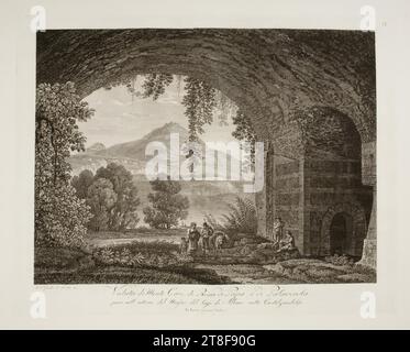 Veduta di Monte cavo, di Rocca di Papa e Plazzuola vista dall'interno del Ninfeo di Castel Gandolfo, Wilhelm Friedrich Gmelin, 1760-1820, 1811, Arte grafica, incisione, incisione in rame, carta, colore, inchiostro per stampanti, incisione, incisione in rame, Printet, altezza (dimensioni piastra?) 271 mm, larghezza (dimensioni piastra?) 343 mm, IX, W.F. Gmelin ad nat: fec: 1811., veduta di Monte cavo, di Rocca di Papa, e di Palazzuola, prese nell'interno del Ninfeo del lago di Albano sotto Castelgandolfo., a Roma presse l'autore, Graphic Design, European Foto Stock