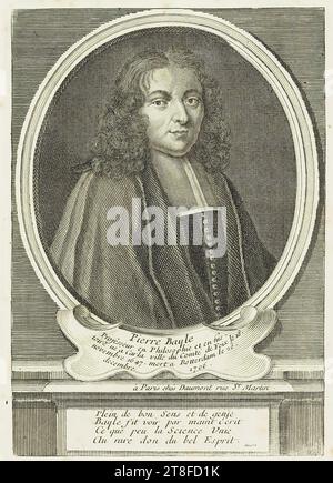 Probabilmente inciso da Étienne Jehandier Desrochers (1668-1741). Pierre Bayle, professore di filosofia e storia, nato a Carla, una città nella contea di Foix il 18 novembre 1647. Morì a Rotterdam il 28 dicembre 1706. A Parigi, presso Daumont rue St. Martin. Pieno di buon senso e genio, Bayle mostrò da molti scritti, quel poco che la scienza unita, Gacon, era un dono raro dello Spirito bello Foto Stock