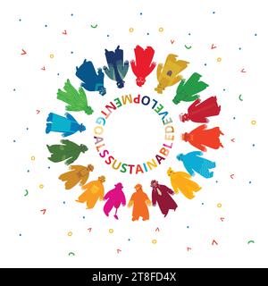 Le 17 icone SDG disegnate a mano con titoli in colori ONU. Gli OSS sono una raccolta di 17 obiettivi interconnessi Illustrazione Vettoriale