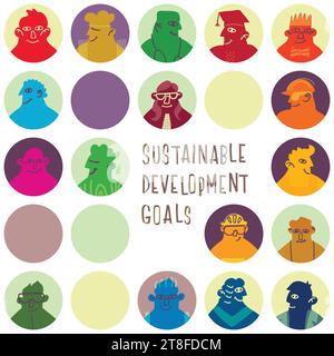 Le 17 icone tonde disegnate a mano dagli utenti SDG sono impostate in colori ONU. Gli OSS sono una raccolta di 17 obiettivi interconnessi Illustrazione Vettoriale